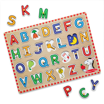 Melissa & Doug Lift & See Alphabet Wooden Peg Puzzle (26 pcs) Toddler and Preschool Puzzles for Ages 1+ - FSC-Certified Material