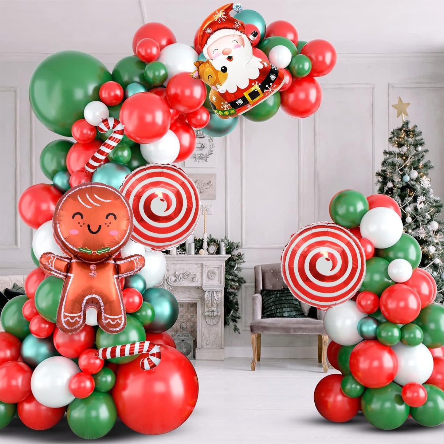 Christmas Balloon Garland Arch Kit, Christmas Balloon Arch With Metallic Green Red White Christmas Latex Balloons Snowflake Sant