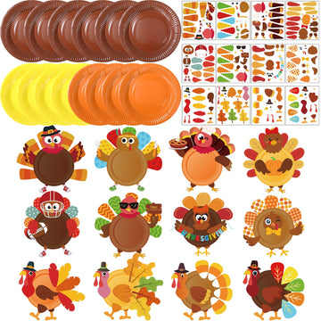 Funnymoom 24 Sets Thanksgiving Turkey Craft Kit for Kids, Thanksgiving DIY Plate Craft Make a Turkey Arts Fall DIY Plate Kit for