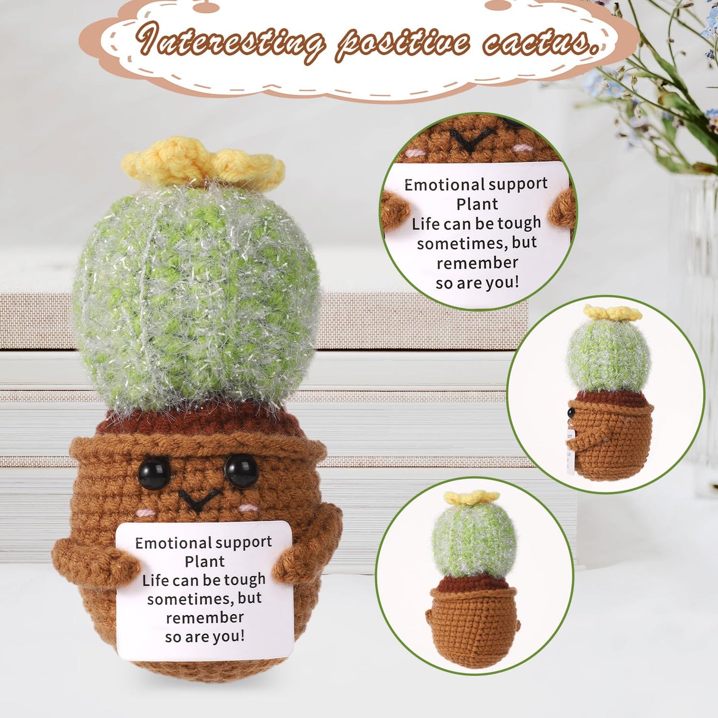 Positive Cactus Crochet, 4.3 Inch Handmade Knitted Cactus Toy Funny Potato Mexican Cactus Cute Emotional Support Life Plant Doll Gifts With Encouragement Card For Adults Kids Decoration