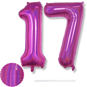 Number 17 Balloons Laser Hot Pink, 17Th Birthday Foil 40 Inch Balloon Number Bright Pink Decor, Big Self Inflating Helium Mylar