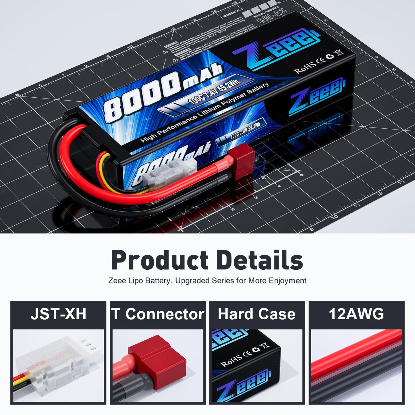 Zeee 2S Lipo Battery 8000mAh 7.4V 100C Hard Case T Plug for RC Car Truck Truggy Boat Helicopter - 2 Pack