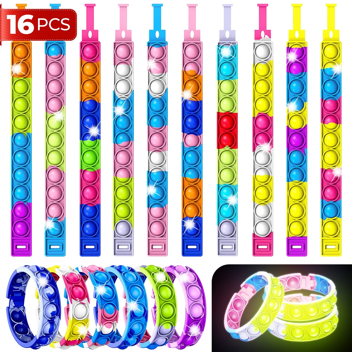 16 PCS Bracelets Glow in The Dark Pop it Fidget Toy  Rainbow Party Favors Wristband Set  Push Bubbles Sensory Pack Kids Ages 5 8 12 mature-themed Student Gift