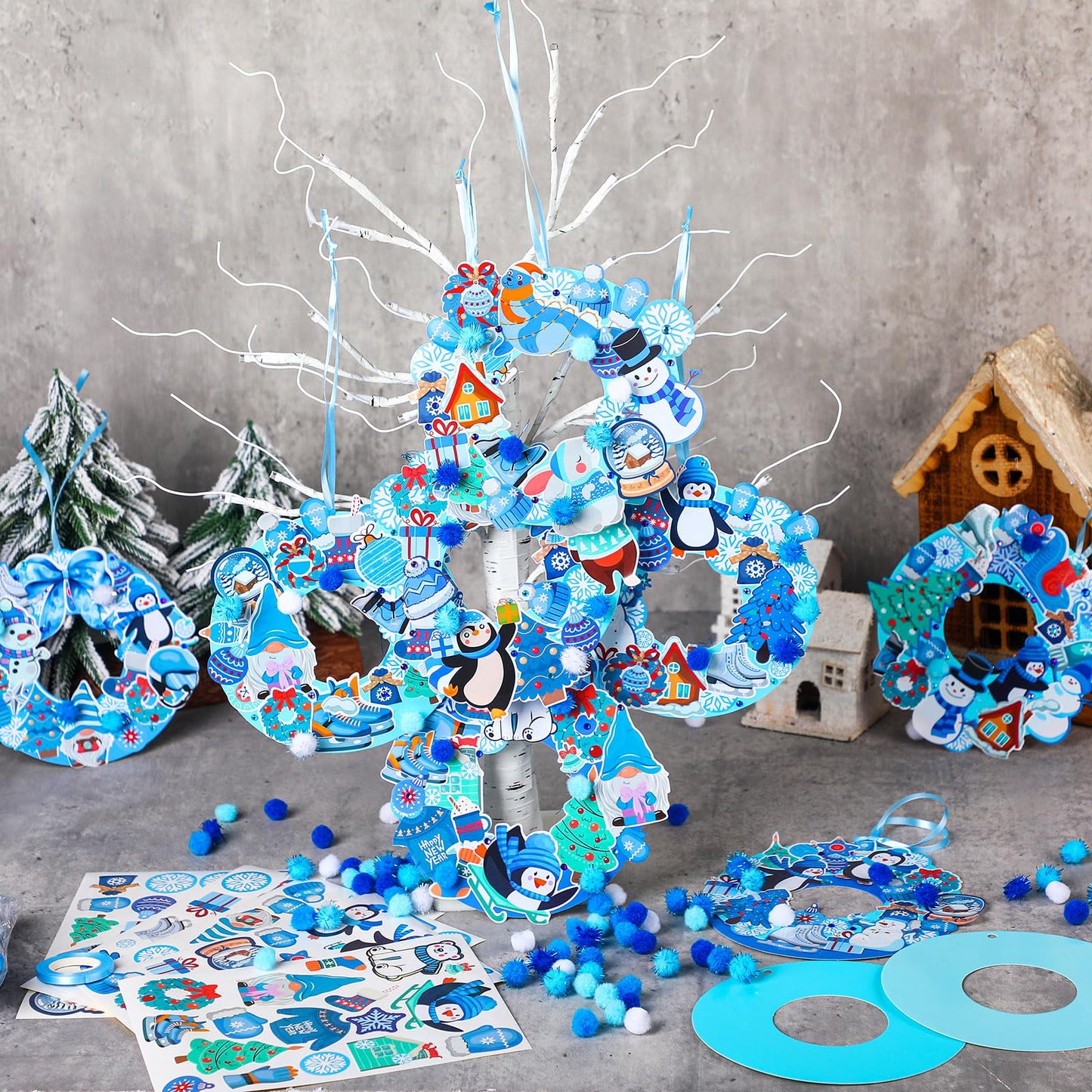 Hollowfly 48 Sets Winter Wreath Craft Kits for Christmas Snowflake Wreath Ornaments Decorations Make Your Own Snowman Santa Foam
