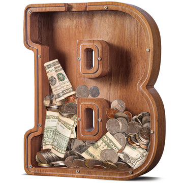 Customized Name Large Wooden Piggy Bank For Kids Boys Girls Alphabets Letter A-Z Coins Bills Money Change Bank Box Initial On Clear Cover (Laser Engraved) (Alphabet-B, Initial-12)