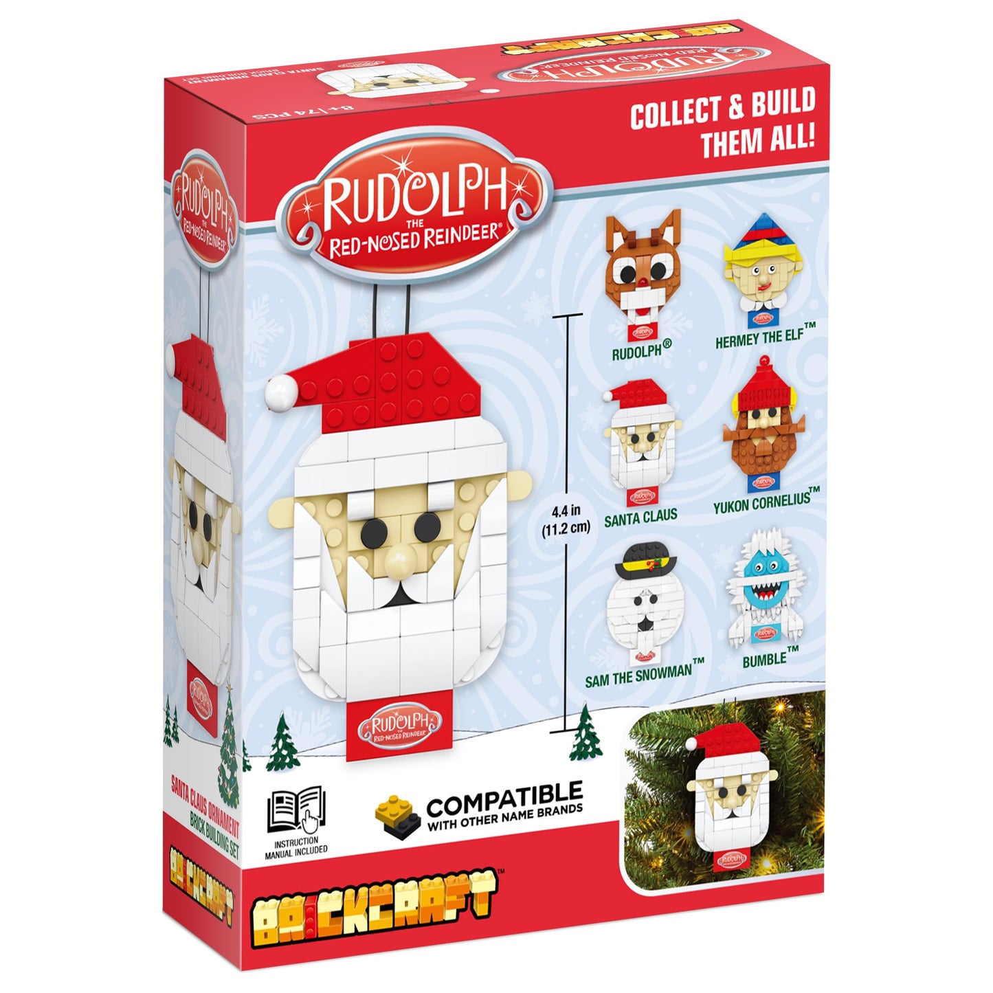 Brickcraft Rudolph the Red-Nosed Reindeer Santa Claus Ornament Brick Building Set, 74 Pieces DIY Holiday Christmas Block Kit wit