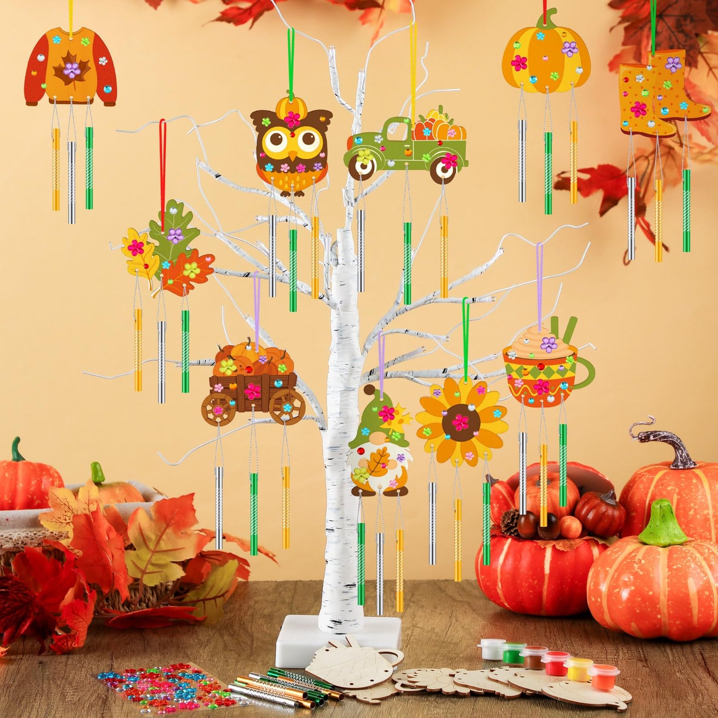 JellyArch 30 Pack Thanksgiving Day Fall Wind Chime Making Kit for Kids Make Your Own Wind Chime Harvest Maple Leaf Wooden Orname