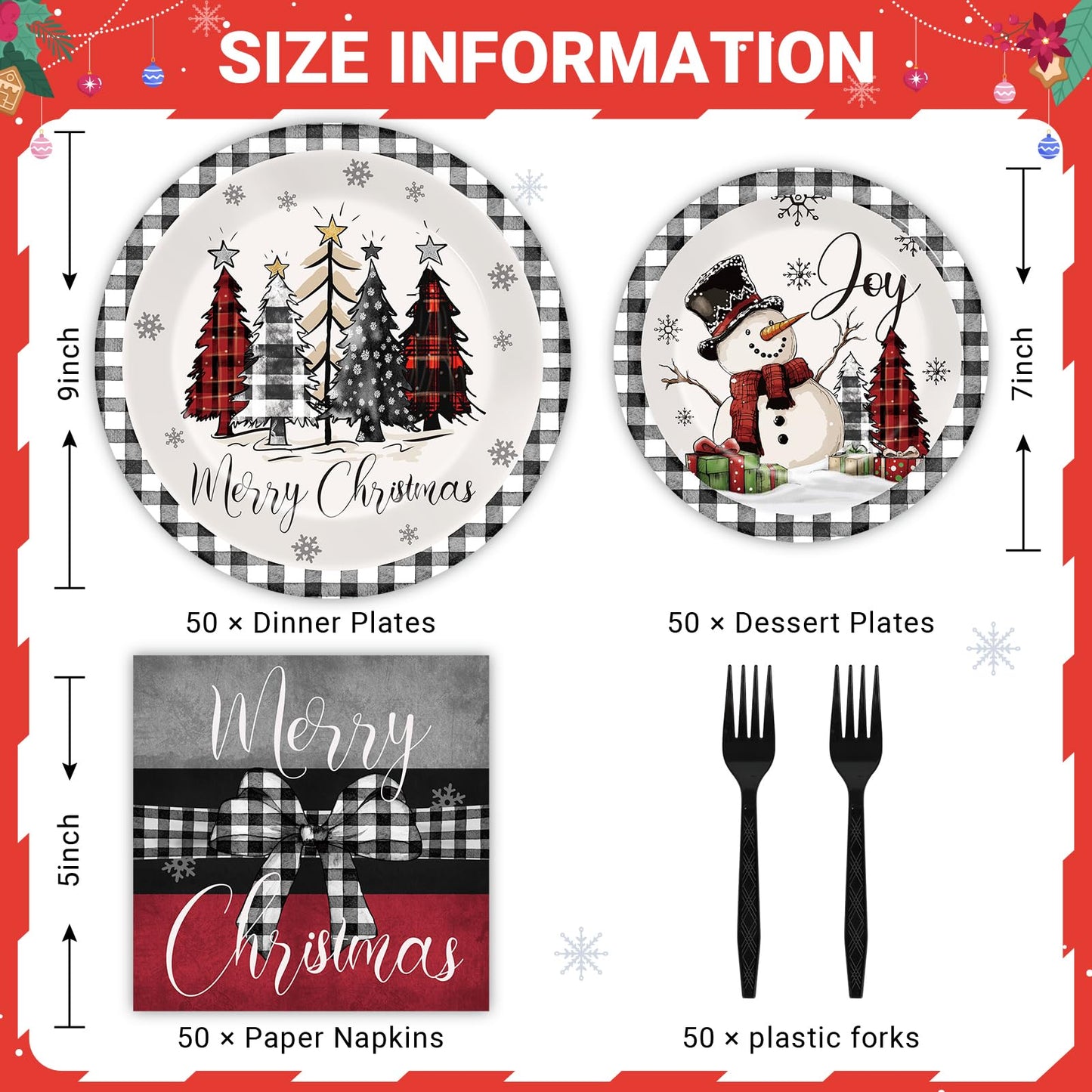 GOLDGAO 200 PCS Christmas Paper Plates Napkins Party Set Buffalo Plaid Xmas Tree Snowman Dinnerware Plate and Napkin Sets for Xm