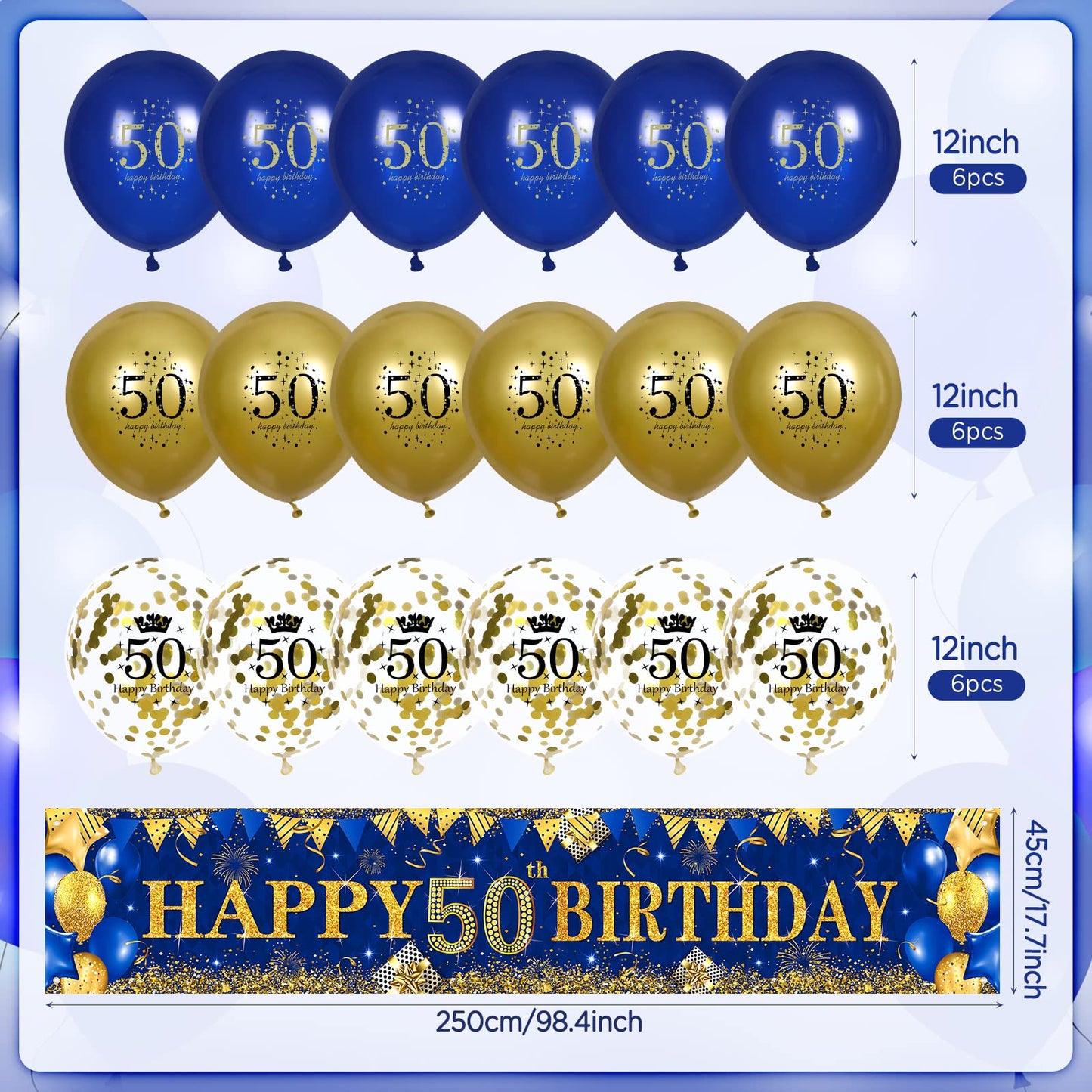 50Th Birthday Decorations For Men Women Blue And Gold,Navy Blue Gold Birthday Yard Banner And 18 Pcs 50Th Happy Birthday Balloons For 50Th Anniversary Birthday Party Supplies Indoor Outdoor Yard Decor
