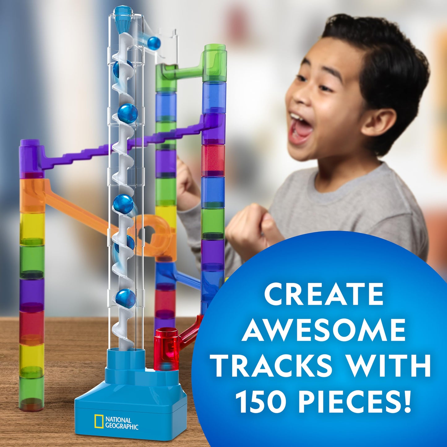 National Geographic Marble Run With Motorized Elevator - 150-Piece Marble Maze Kit With Motorized Spiral Lift, 30 Marbles, Stora