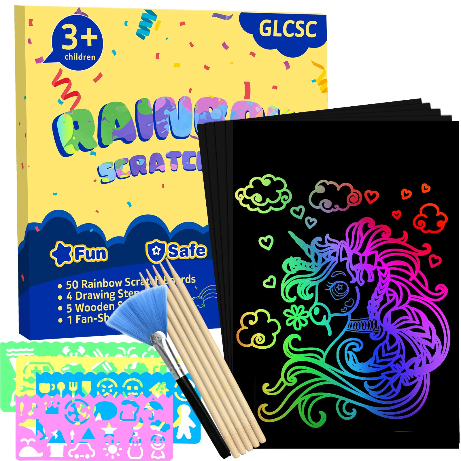 GLCSC 60 Pcs Scratch Art for Kids, Rainbow Scratch Paper, Black Magic Scratch Off Craft Set for 3 4 5 6 7 8 9 10 Years Old Girls