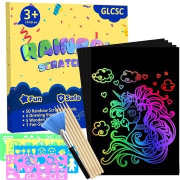 GLCSC 60 Pcs Scratch Art for Kids, Rainbow Scratch Paper, Black Magic Scratch Off Craft Set for 3 4 5 6 7 8 9 10 Years Old Girls