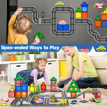 Magnetic Tiles Road Toys For 3+ Year Old Toddler, Magnetic Blocks Building Toys For Kids Ages 3-5 5-7 Girls Boys, Stem Montessor