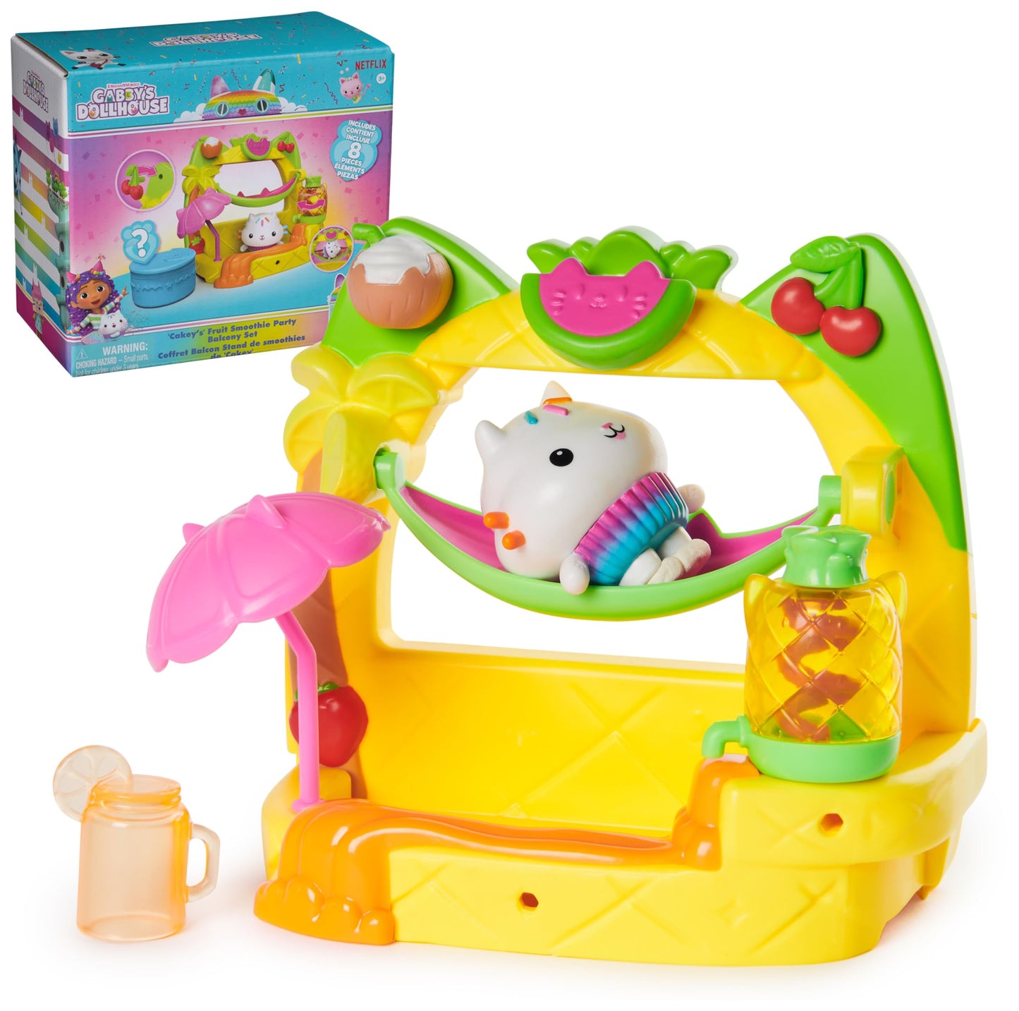 Gabbys Dollhouse  Cakeys Fruit Smoothie Balcony Playset  8-Pcs with Toy Figures  Dollhouse Accessories & Sensory Play  Kids Toys for Girls & Boys 3+-New