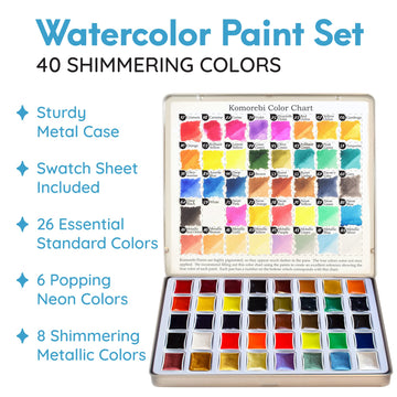 MozArt Supplies Premium Japanese Watercolor Paint Set - 40 Artist Quality Colors, Metallic & Neon - Perfect for Adults & Kids