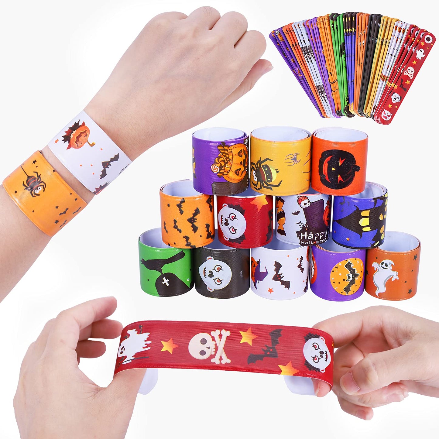 Max Fun 48pcs Halloween Slap Bracelets Halloween Party Favors Halloween Toys for Kids Halloween Party Favor Halloween Treat Bags