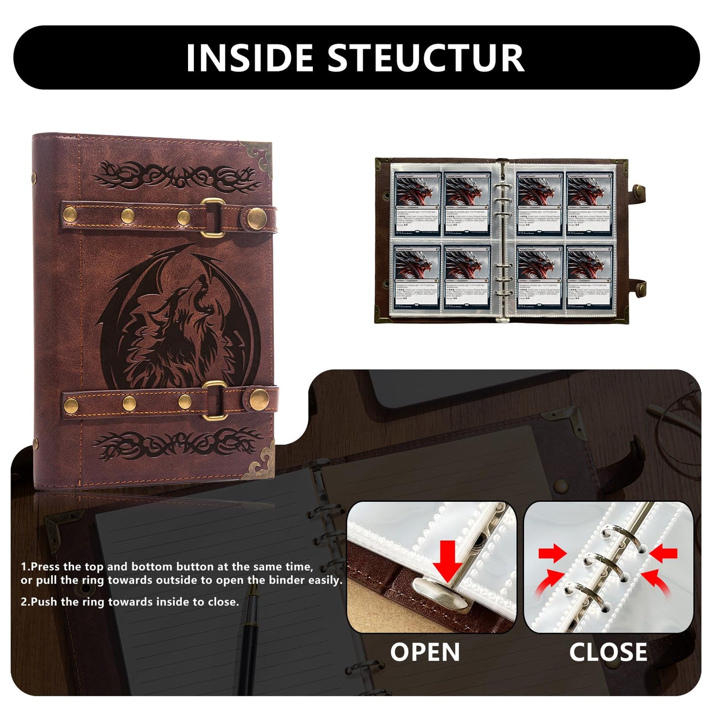 DDFE Collector Card Binder 4 Pocket Trading Card Binder 240 Cards Portable Card Games Display Storage Cases enhanced Collector Card Album For MTG TCG Game Cards(x8-Wolf-Red)