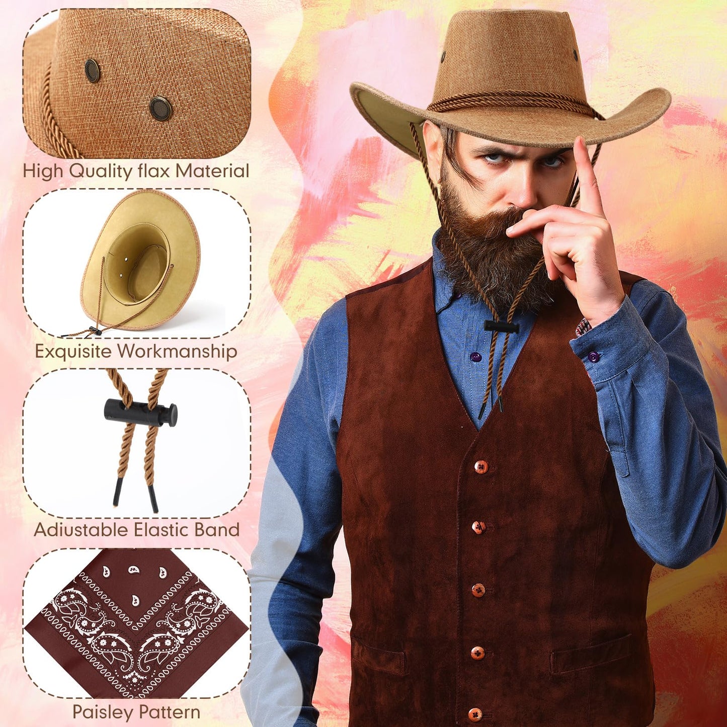 Zhanmai 12 Pcs Cowboy Hat and Bandana Cowboy Cowgirl Hats Bulk Western Party Costume Halloween Accessory (Brown Series,Hamp)