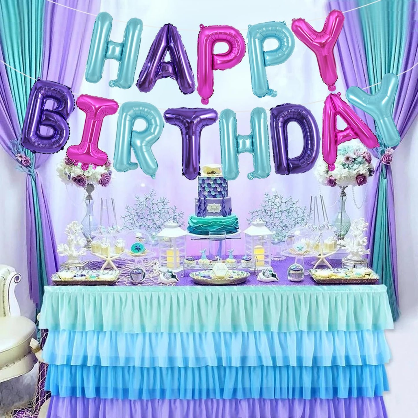 Toniful Happy Birthday Balloons Banner With Ribbon Straw,16 Inch Mylar Letters Birthday Sign Banner Balloon Bunting Reusable For