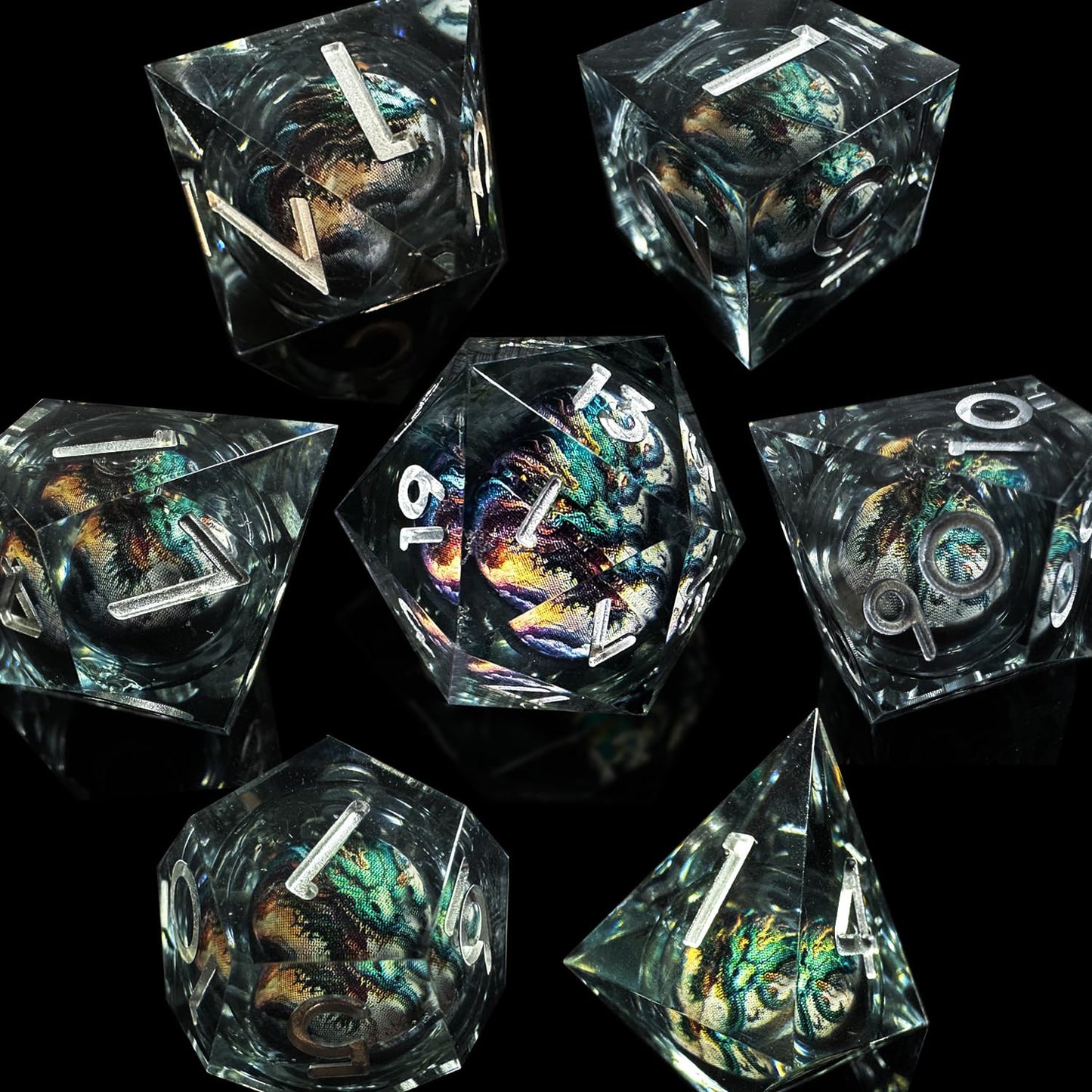 HAOMEJA D&D Dragon Resin Dice Set 7 PCS DND Sharp Edges Dice with Gift Random Dragon Eye Bag Apply to Dungeons and Dragons Role