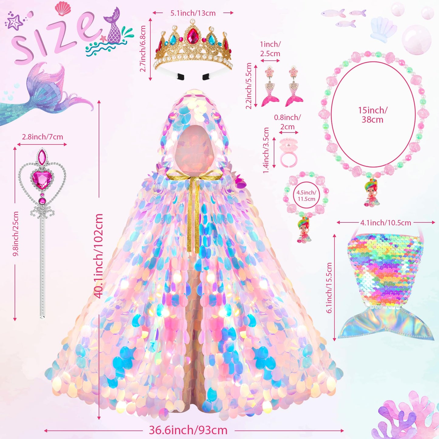 Princess Dress Up Cloak Princess Dress Up Clothes Mermaid Toys Rainbow Mermaid Princess Cloak Kit 9 Pcs Gift Set For Little Girls 3-8 Years Old, Great Gift Set For Birthday Christmas Halloween