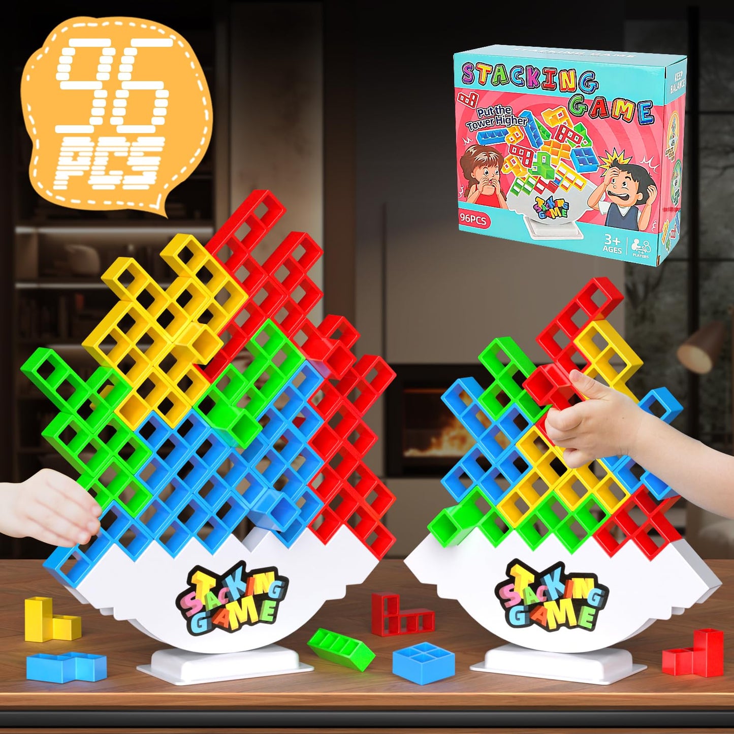 BBnote 96PCS Stack Game for mature-themed & Kids  Tetra Board Tower Games for Family Travel Party  4 Players Balance Stacking Toy  Team Toys Building Block