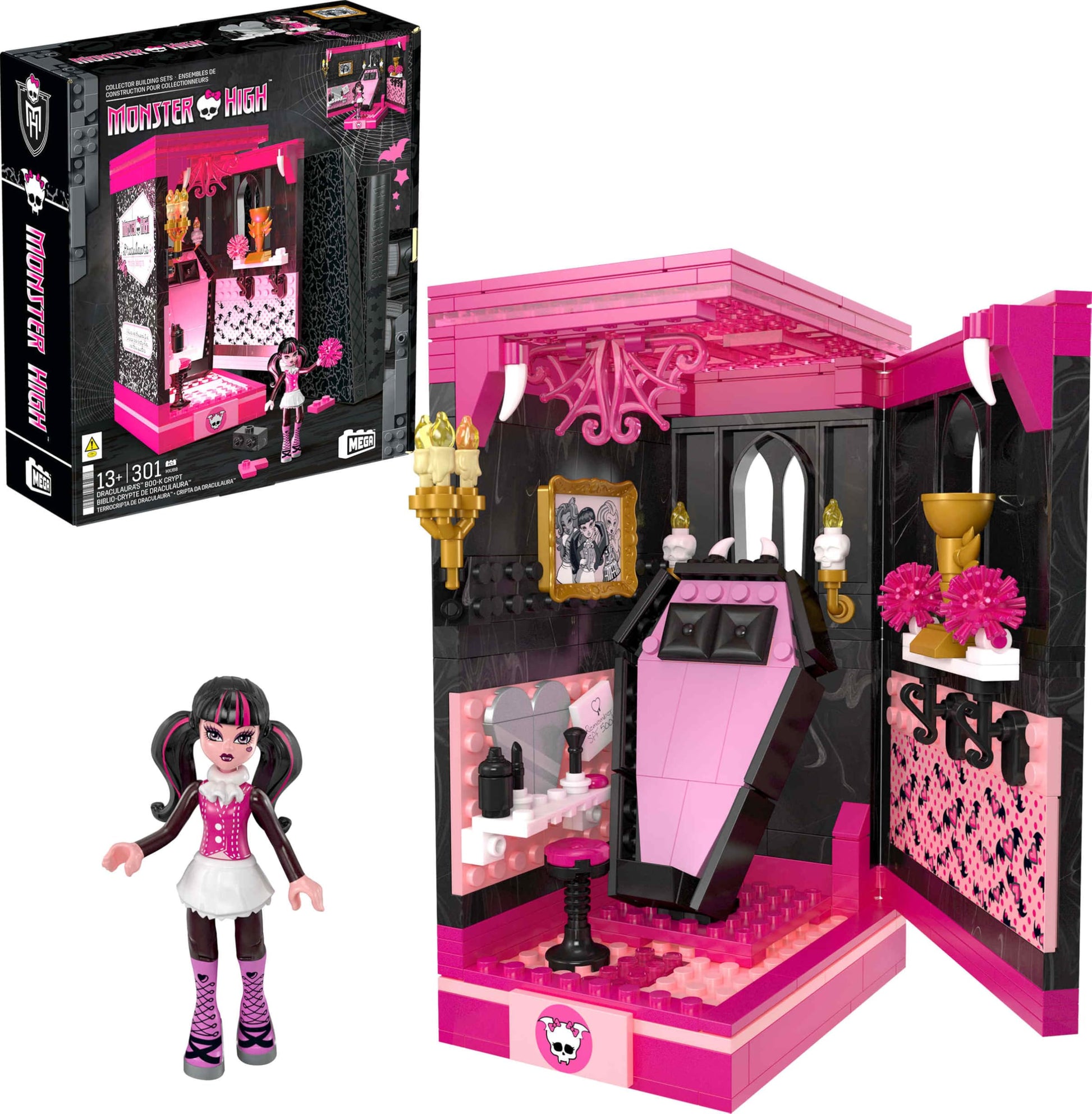 Mega Monster High Action Figure Building Set Draculaura'S Boo-K Crypt With 301 Pieces, Book Nook For Collectors