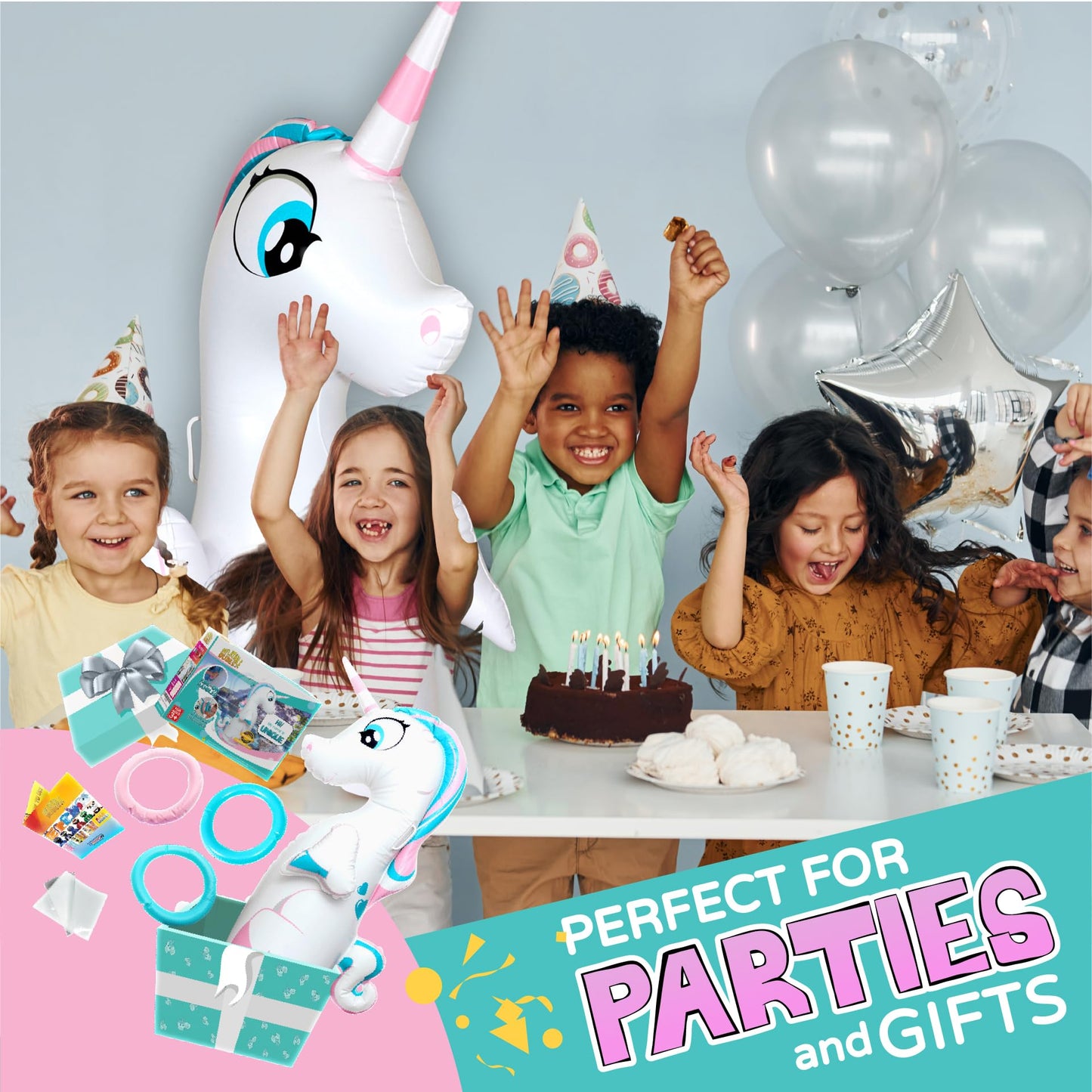 Inflatable Dudes Unicorn 47 Inches- Kids Punching Bag| Already Filled With Sand | Party Bop Bag |Ring Toss With 3 Inflatable Rings| | Ride-On Toy + Handles| Punching Bag For Kids (Unique)
