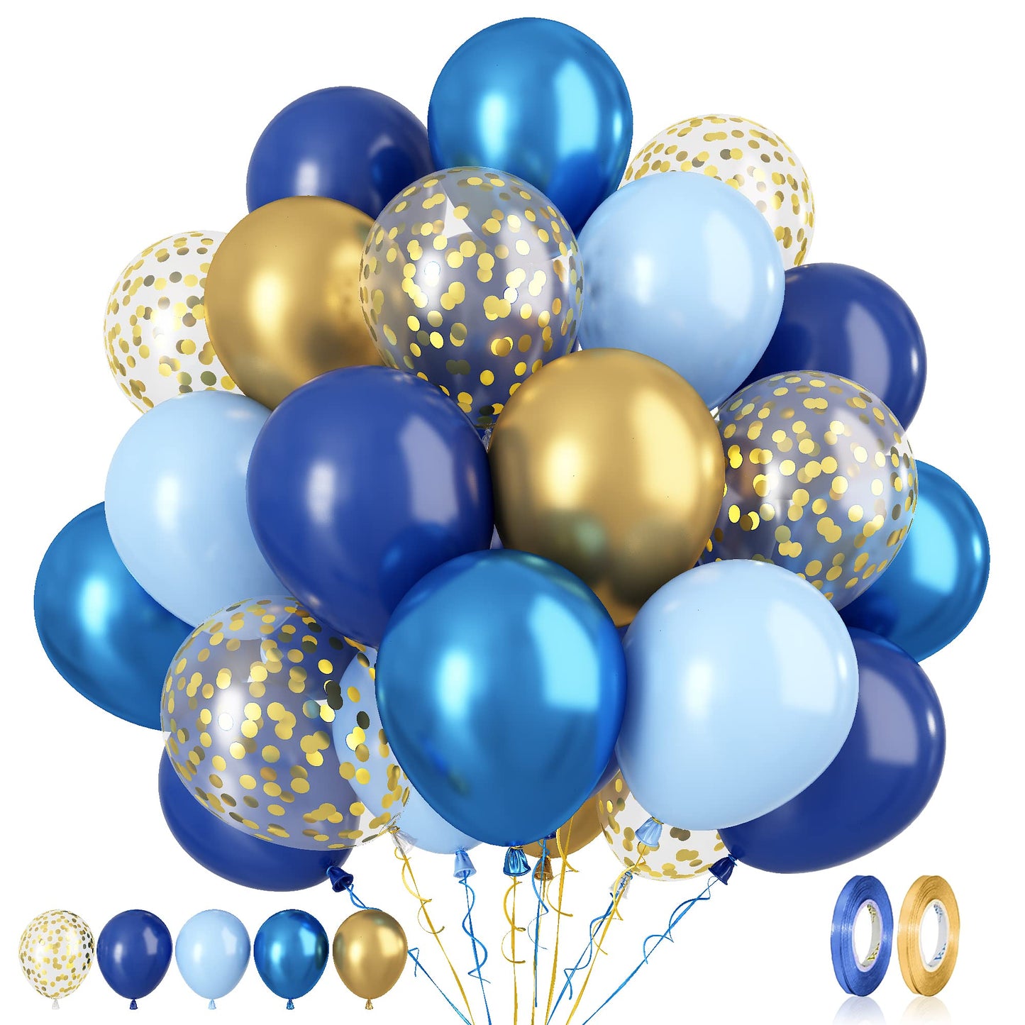 Paready Blue And Gold Latex Balloons, 60 Pcs 12 Inch Navy Blue Metallic Gold Confetti Balloons, Blue Party Balloons For Baby Sho