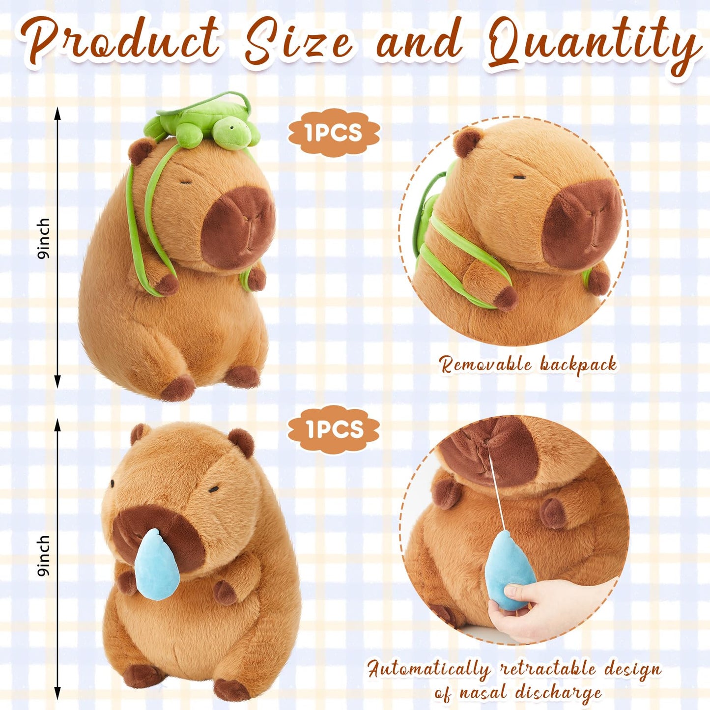 Simgoing 2 Pcs Cute Capybara Stuffed Animal 9'' Capybara Plush Cartoon Soft Brown Capybara Plushie Lovely Capybara Plush Gifts For Adults Birthday Party Favor Supply(Turtle Bag, Snot)