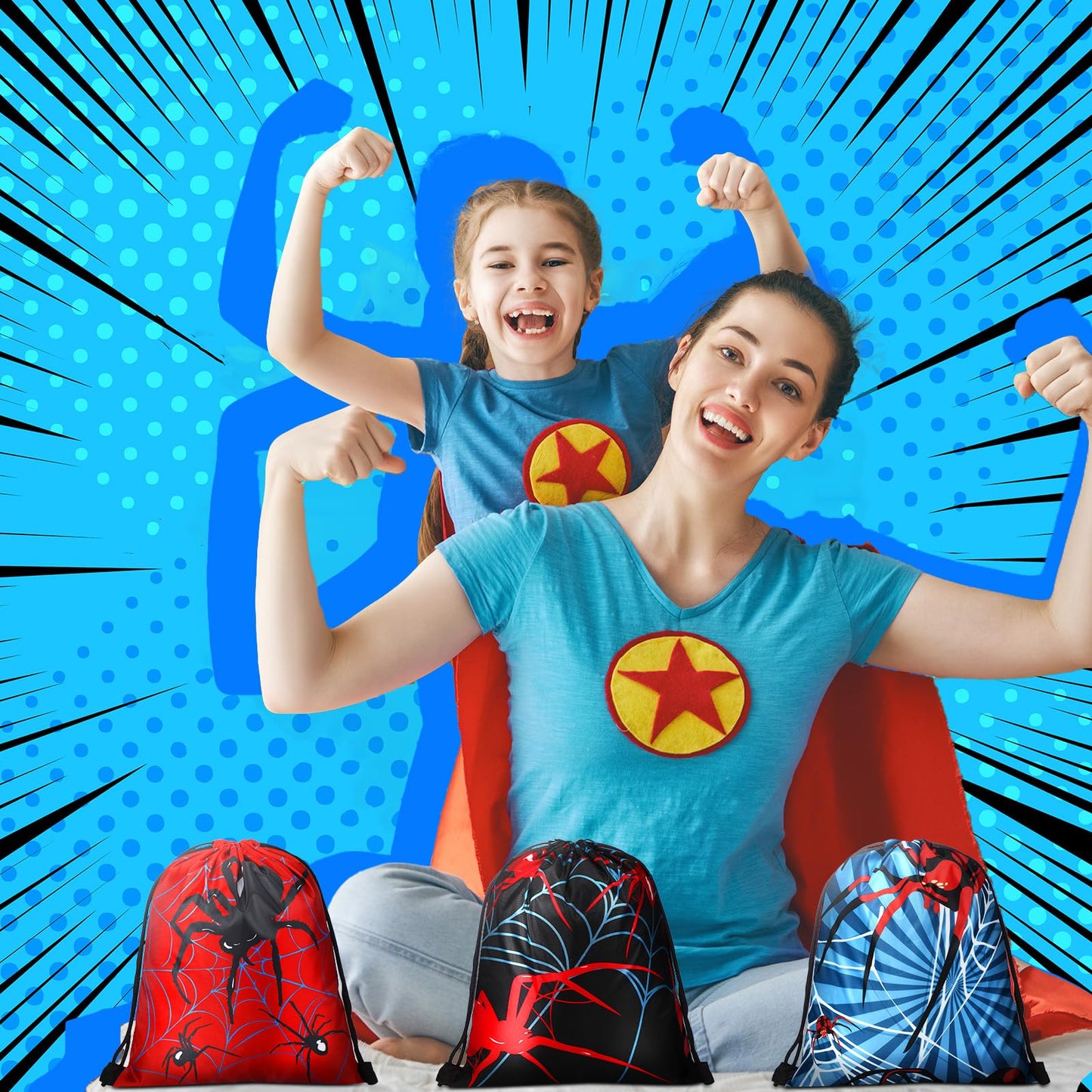 Lothee 32 Pieces Spiderweb Birthday Party Decoration Set Spiderweb Drawstring Bags Funny Travel Sack Backpack Rubber Bracelets W