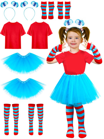 Luces 2 Set Blue Tutu Costume, Girls Blue Cosplay Outfit, Shirts Tutu Skirt Headband Striped Gloves Socks Dress Up for Girls