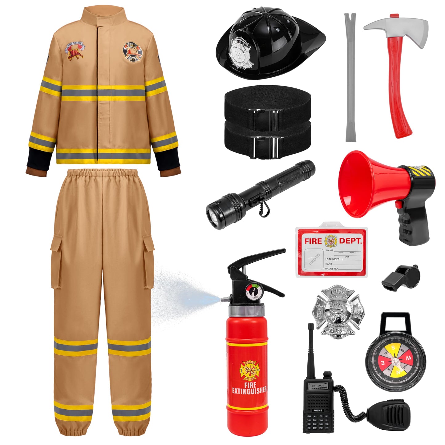 Spooktacular Creations Halloween Firefighter Costume For Kids, Boys Fireman Costume Set, Brown Firefighter Roleplay Accessories For Toddler Dress-Up And Career Cosplay Party (3T, 3-4 Yrs)