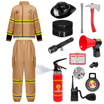 Spooktacular Creations Halloween Firefighter Costume For Kids, Boys Fireman Costume Set, Brown Firefighter Roleplay Accessories For Toddler Dress-Up And Career Cosplay Party (3T, 3-4 Yrs)