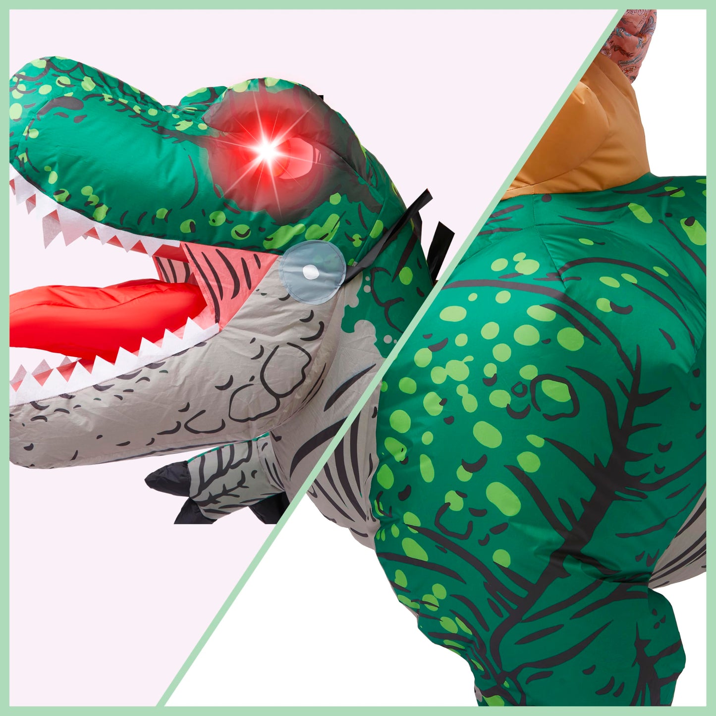 Spooktacular Creations Kids Halloween Inflatable Dinosaur Costumes, Light-Up Eyes Riding A T-Rex Inflatable Costume, Green Rawr Blow Up Dinosaur Costumes For Halloween Costume Cosplay Themed Parties