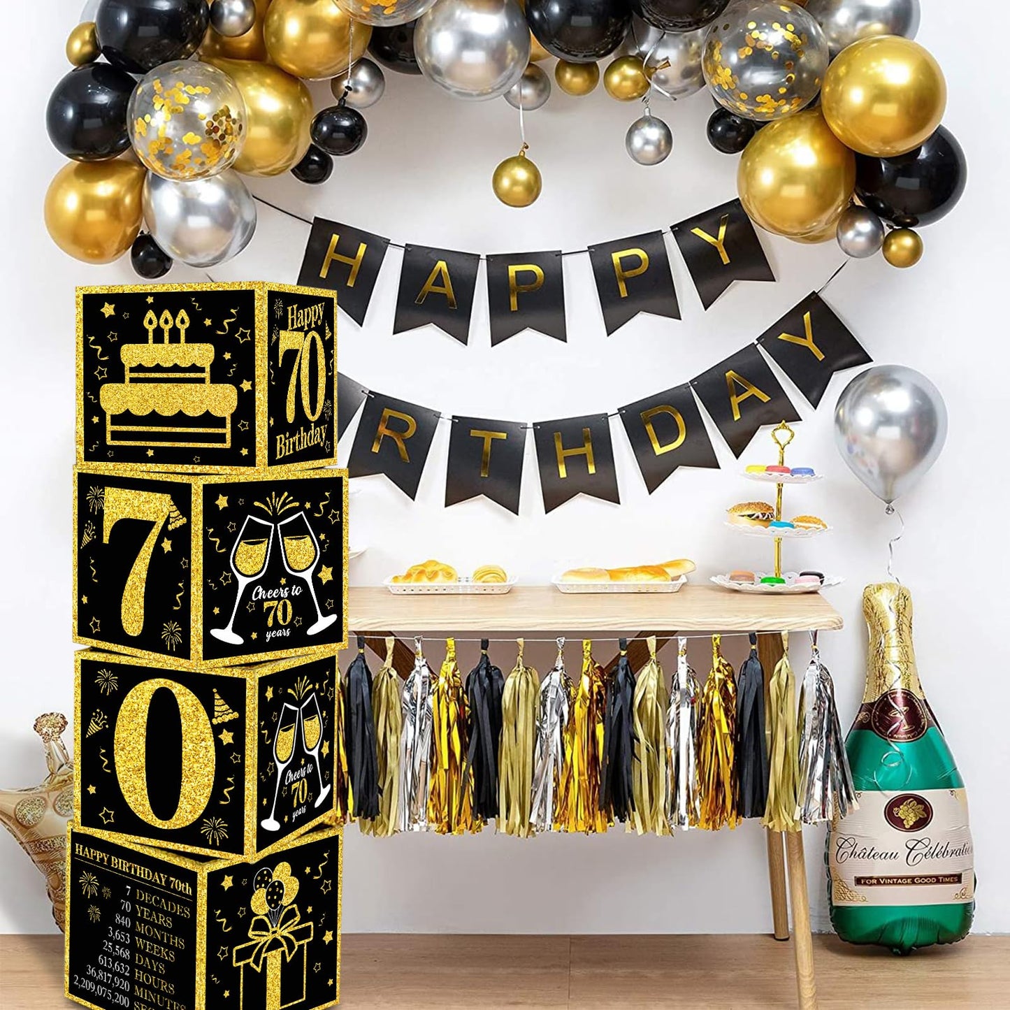 Toniful 4 Pcs 70Th Birthday Decorations Boxes For Men Women,Seventy Years Old Birthday Cardboard Box Party Supplies,Black And Go
