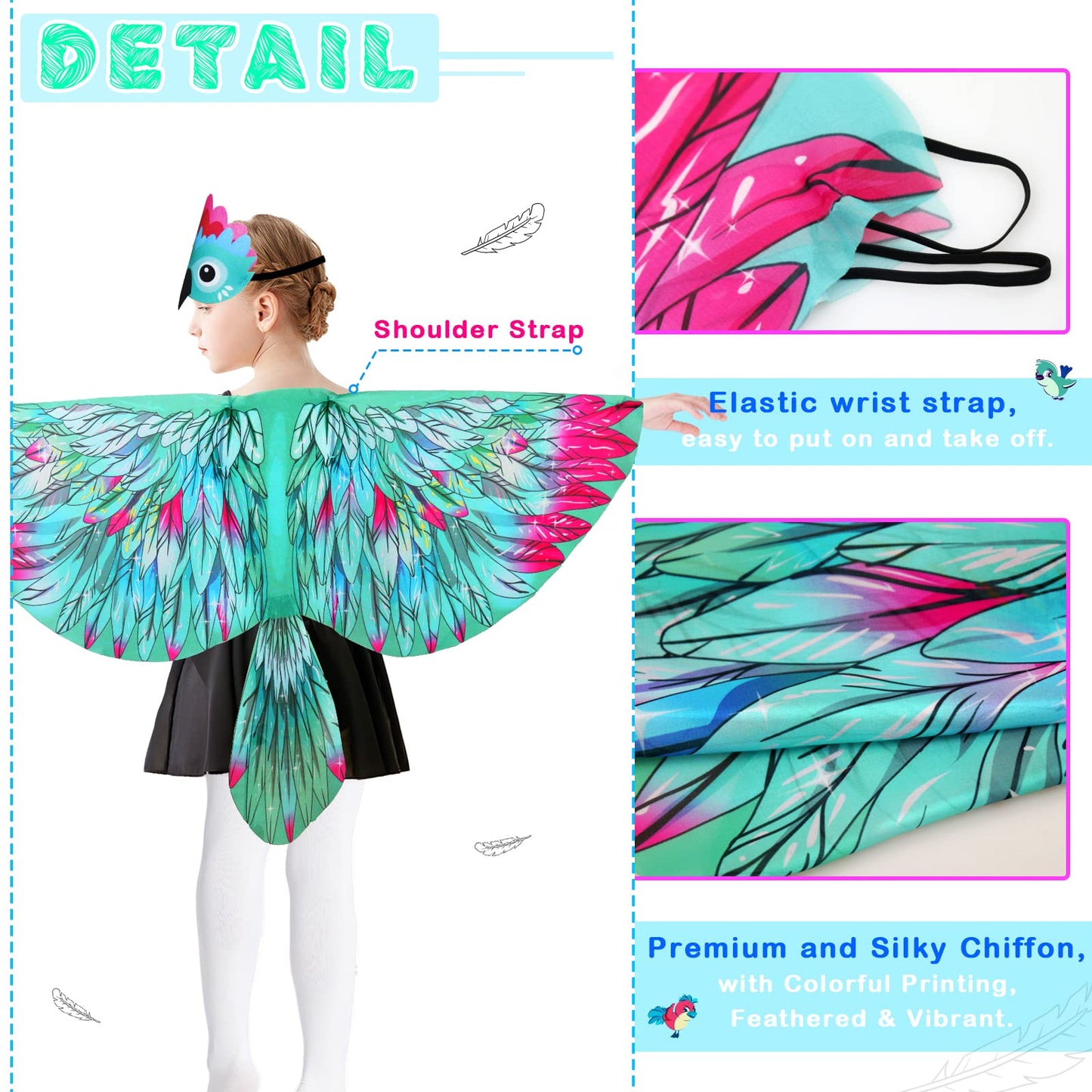 Irolewin Bird-Wings-Costume For Kids And Headband, Eagle-Parrot Dress-Up-Wings For Girls Boys Halloween-Party Favors (Green)