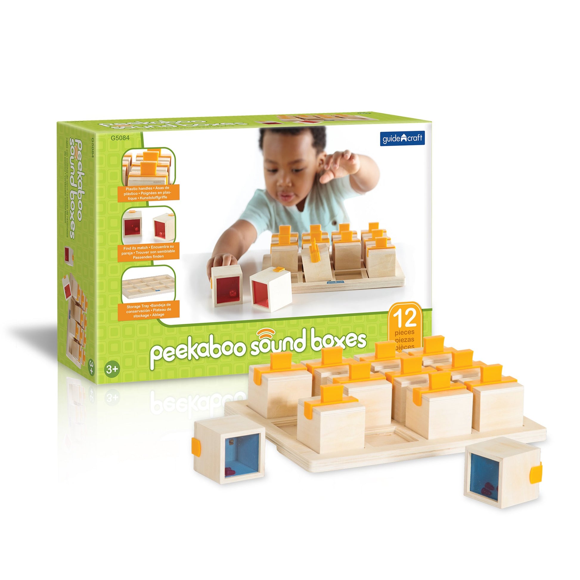Guidecraft Peekaboo Sound Boxes with Storage Tray : Musical Toy for Children - Kids Early Learning and Development Toy