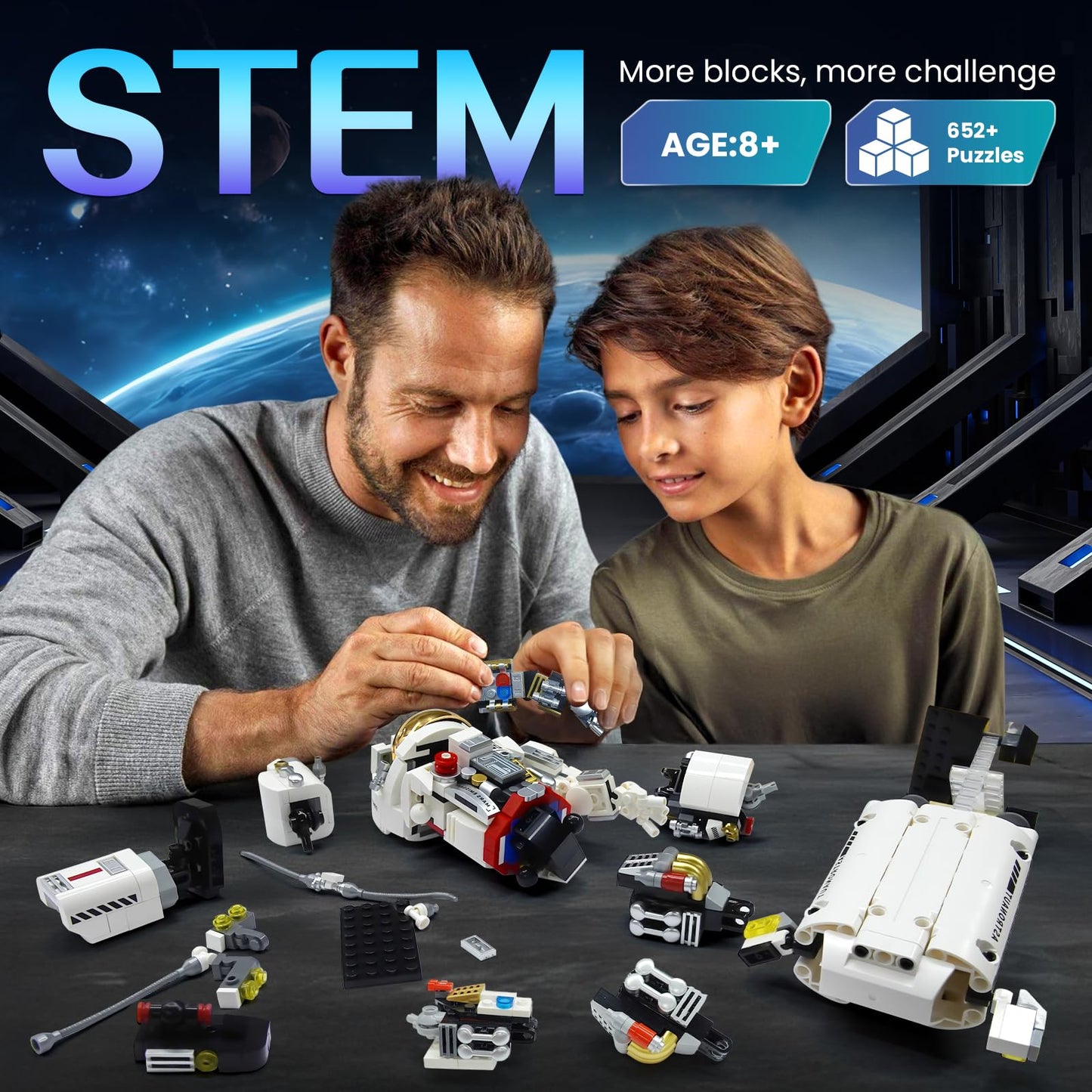 HBUDS Space Astronaut Building Set, Medium Plastic Blocks, White STEM Kit for Kids 8-14, Room Decor, Birthday Gift