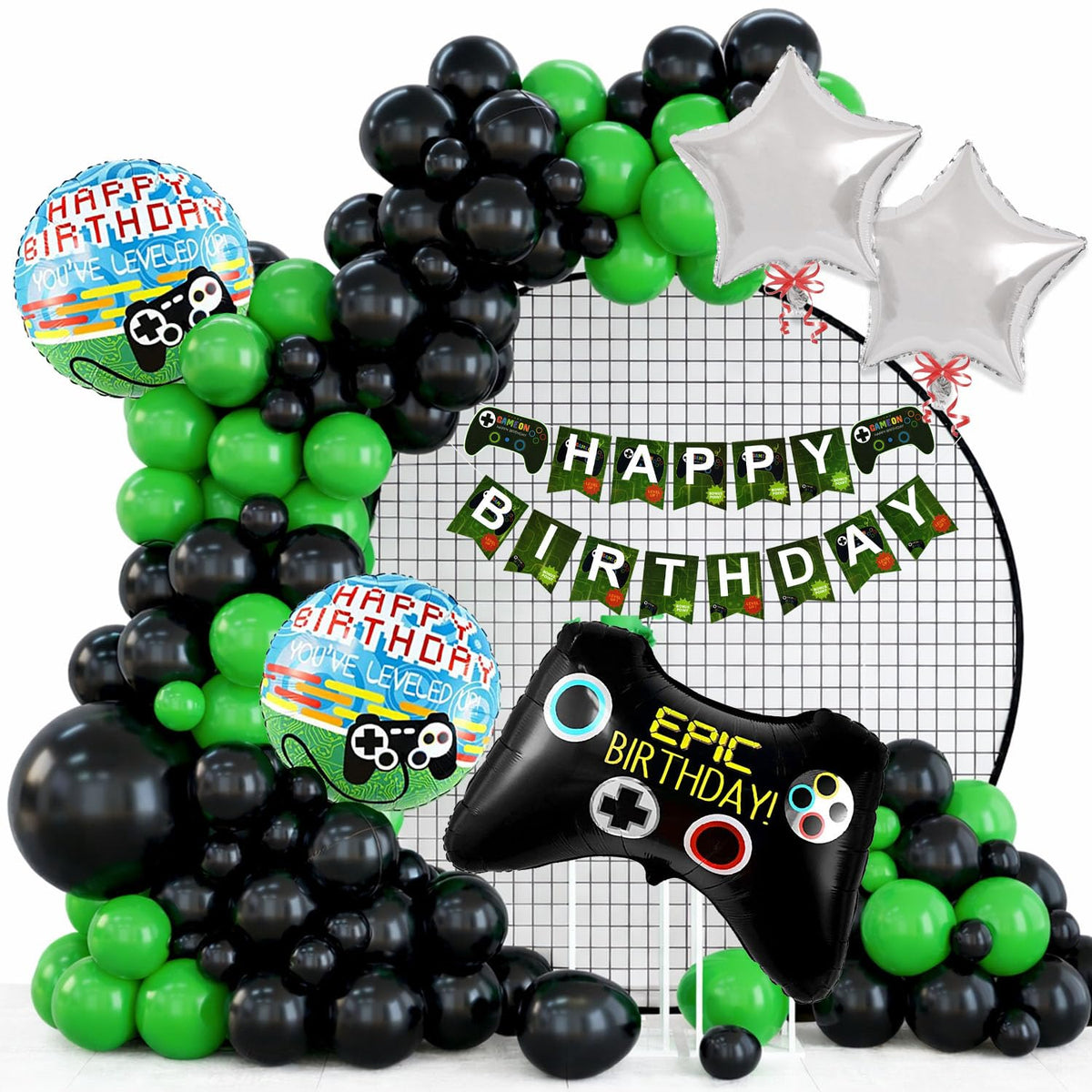 Rozi Decoration Gaming Birthday Party Decorations, 46 Pieces, Black and Green Balloons, Happy Birthday Banner, Game Controller F