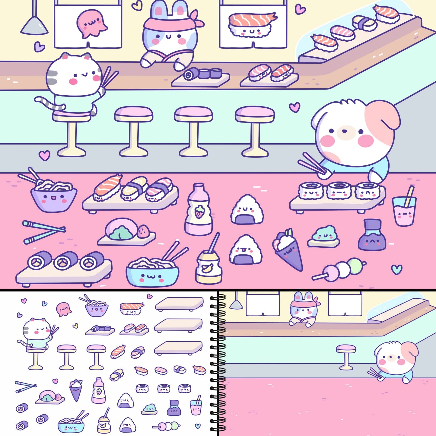 Cute Foods Around Town Activity Book By Cupkin: Lay Flat Side By Side Sticker Books + Kawaii Coloring Books - Over 500 Cute Kawa