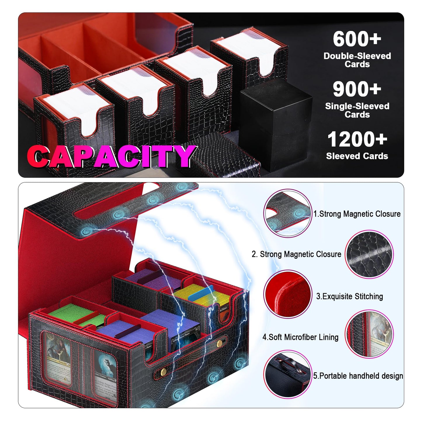 Clutch Texture Commander Deck Box for MTG  6-Deck Modular Card Case with Dice Tray  Holds 600+ Double-Sleeved Cards and 35PT Magnetic Card Holders  for Trading Cards & TCG Collections(Onyx Black)