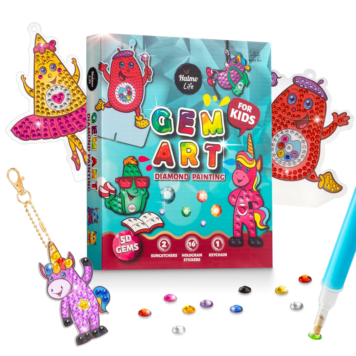 Halmolife Big Gem Diamond Painting Kits -19 Stickers, Keychain & Suncatcher DIY Kit - Diamond Art for Kids - Arts and Crafts for
