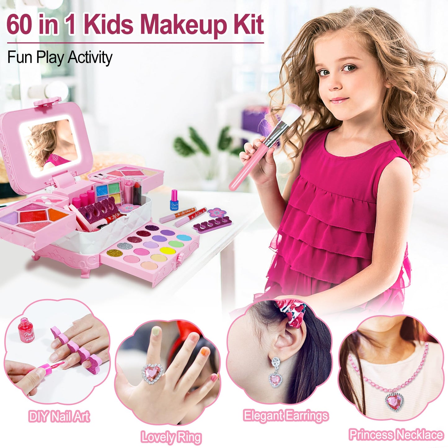 Kids Makeup Kit for Girl with 3-Color LED Lighted Makeup Mirror, DAUXONE  60 Pcs Makeup Set for Girls,Real & Washable Kids Makeu