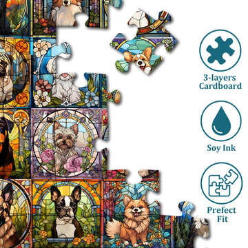 Stained Glass Puzzle, Dog Puzzles For Adults 1000 Pieces, Colorful Animal Puppy Collage Puzzles 1000 Pieces Corgi Bulldog, Hard Difficult Impossible Challenging Jigsaw Puzzles