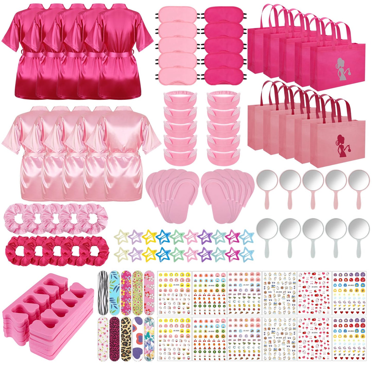 Hoemwarm 122 Pcs Pink, Hot Pink Girls Spa Party Kit, 10-Pack Slumber Party Favors with Satin Robes, Tote Bags, and Nail Salon Ac