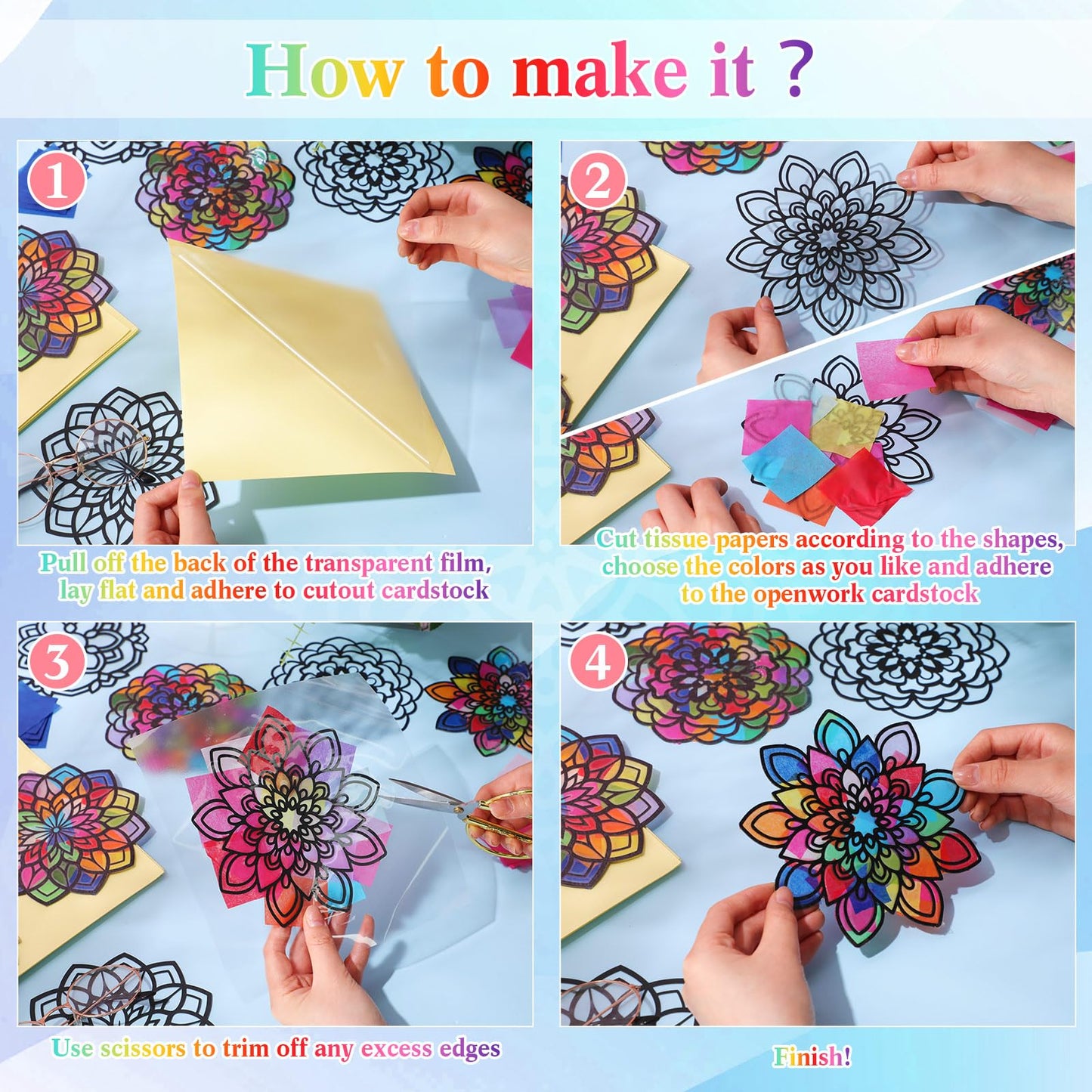 Tinlade 24 Pack Fall DIY Suncatcher Paper Crafts Stained Glass Effect Paper Suncatchers, 600 Tissue Papers, Window Art Arts and