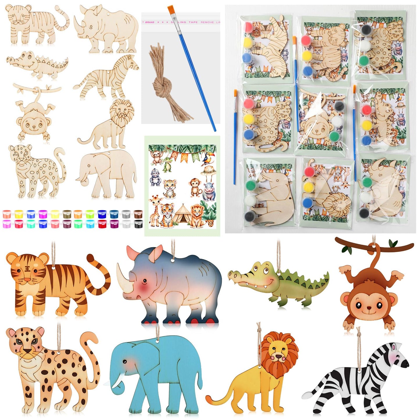 Colingmill 24 Set Safari Party Favors Jungle Craft Kits Supplies DIY Safari Jungle Wooden Painting Kit Wooden Coloring Crafts Wi