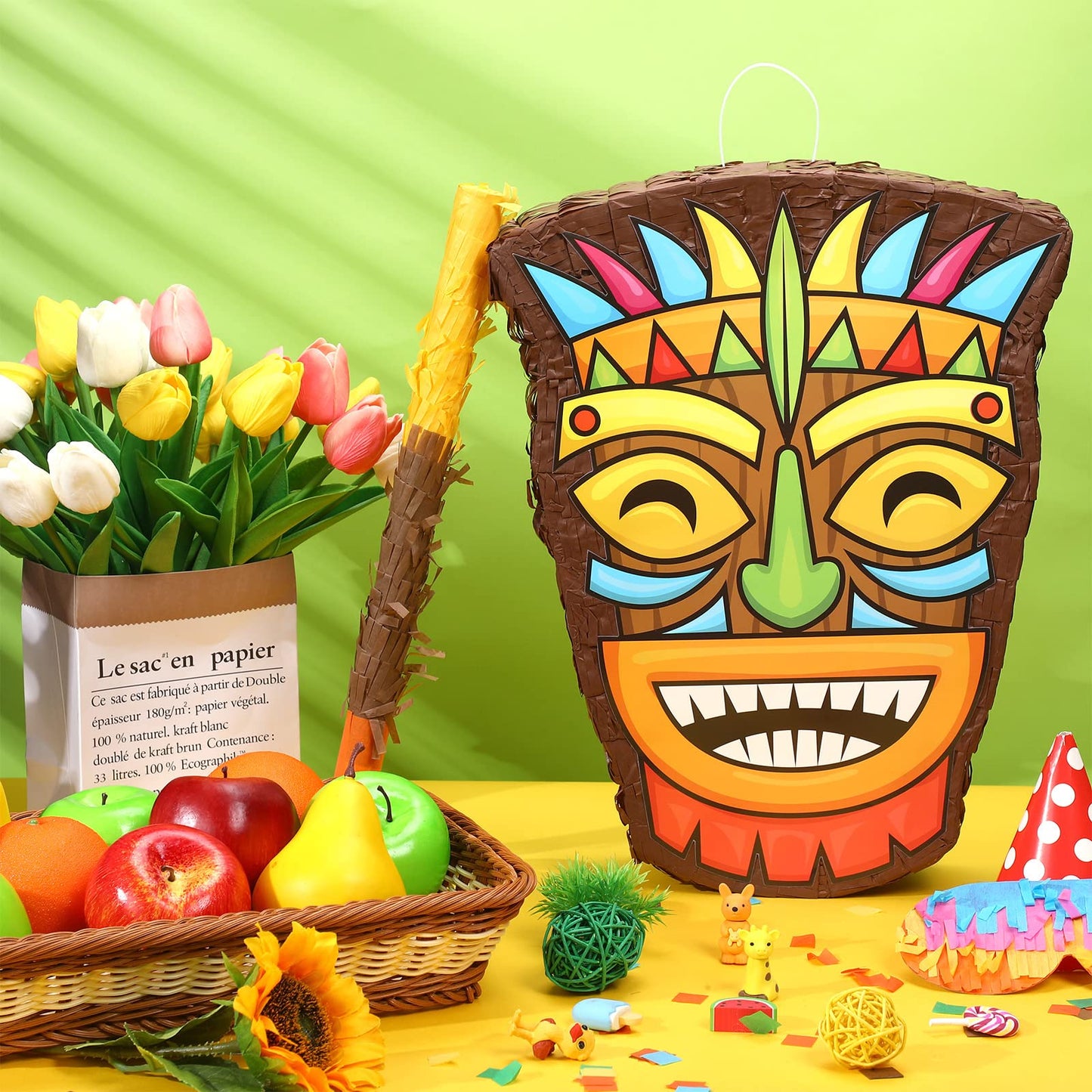 Threan Small Tiki Piñata Tropical Hawaii Piñata With Blindfold Bat Aloha Luau Piñata For Hawaiian Luau Themed Party Decoration Summer Birthday Party Supplies, 15.7 X 3.1 X 12.2 Inch