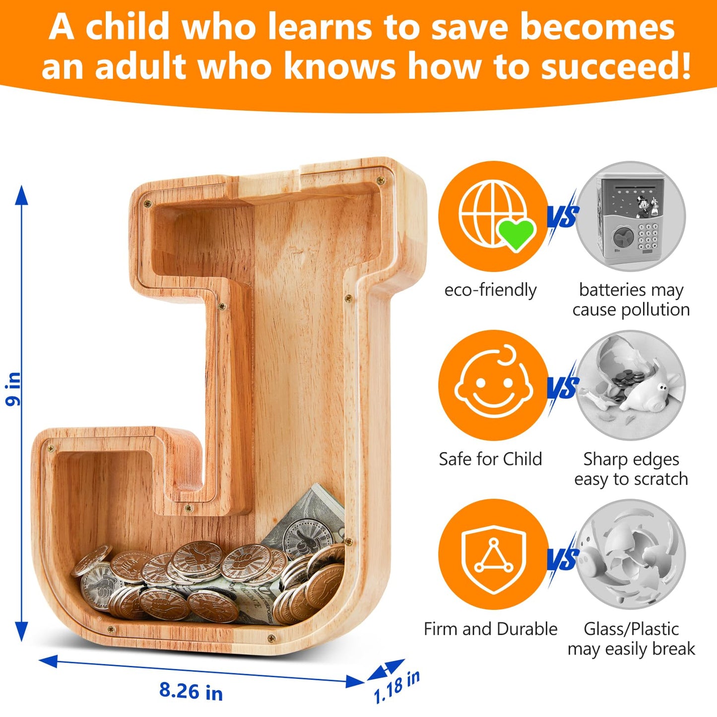 Wooden Letter Piggy Bank for Kids  Initial Coin Bank for Boys and Girls  First Name Personalized Savings Bank for Birthday Boys Girls Gift Piggy Bank for Kids (Wood  S9-J)